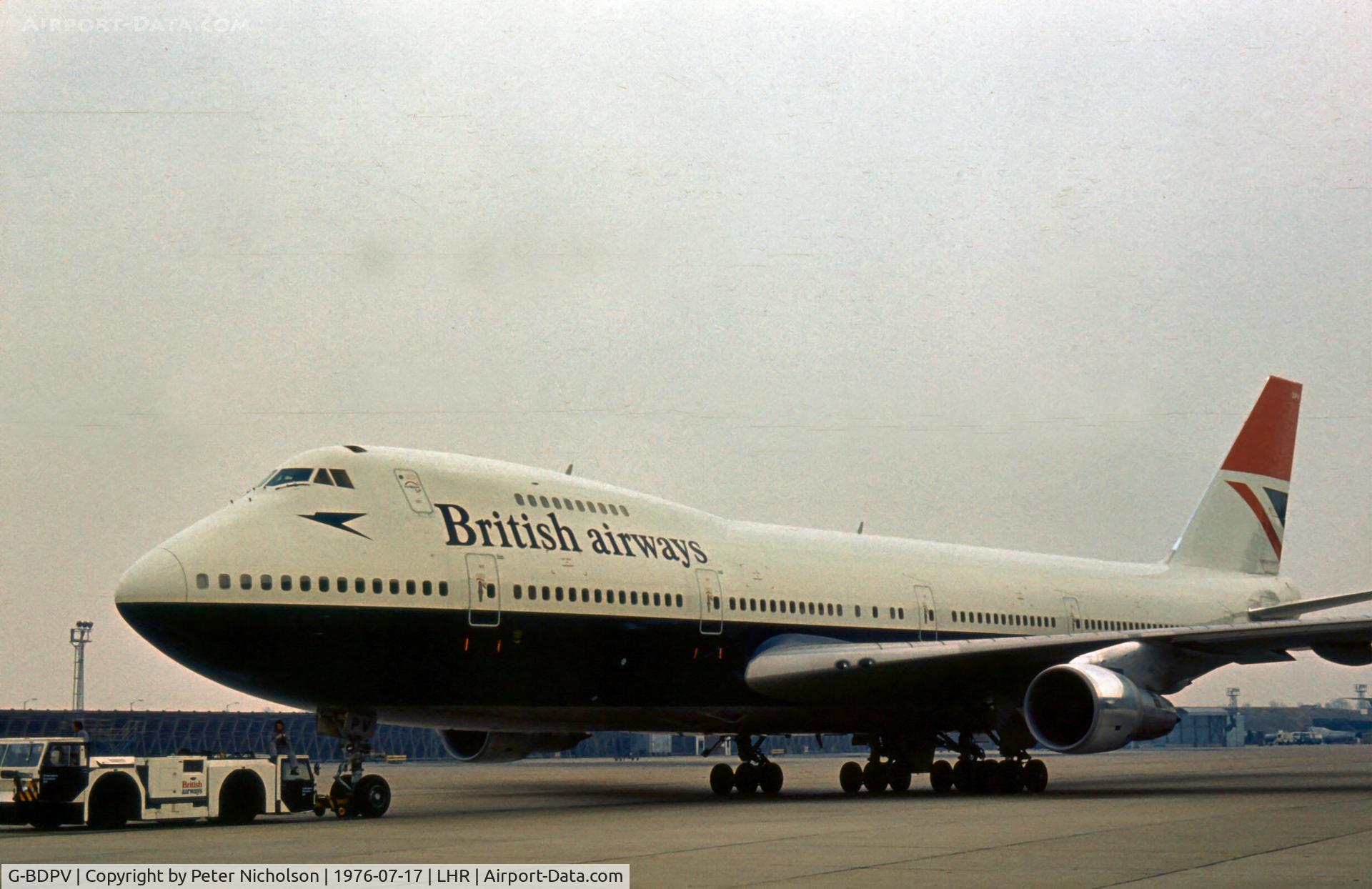 G-BDPV, 1976 Boeing 747-136 C/N 21213, In service with British Airways as seen at London Heathrow in the Summer of 1976.