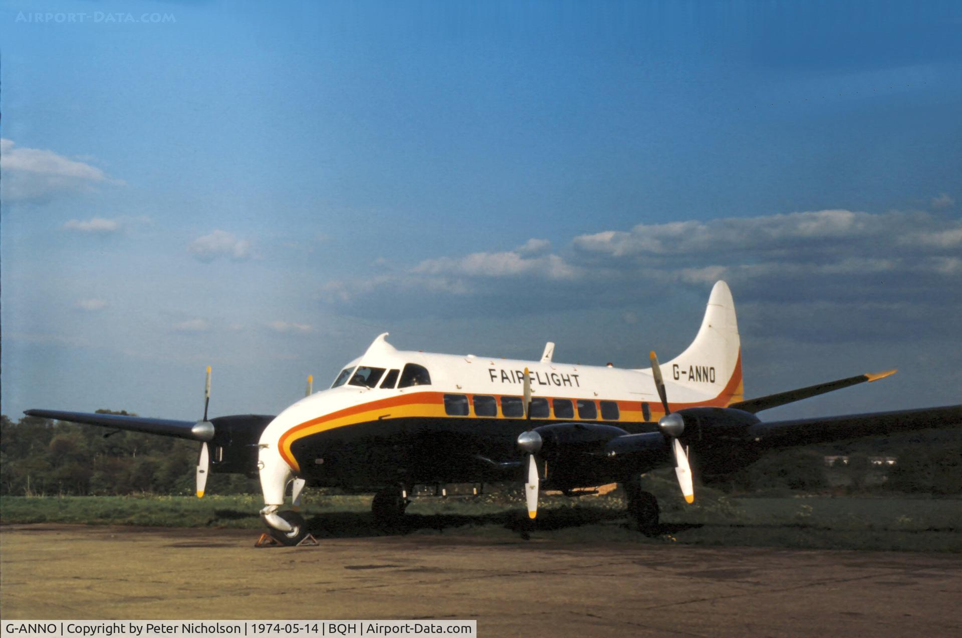 G-ANNO, 1954 De Havilland DH-114 Heron 1B/C C/N 14049, Heron of Fairflight Charters based at Biggin Hill as seen in the Summer of 1974.