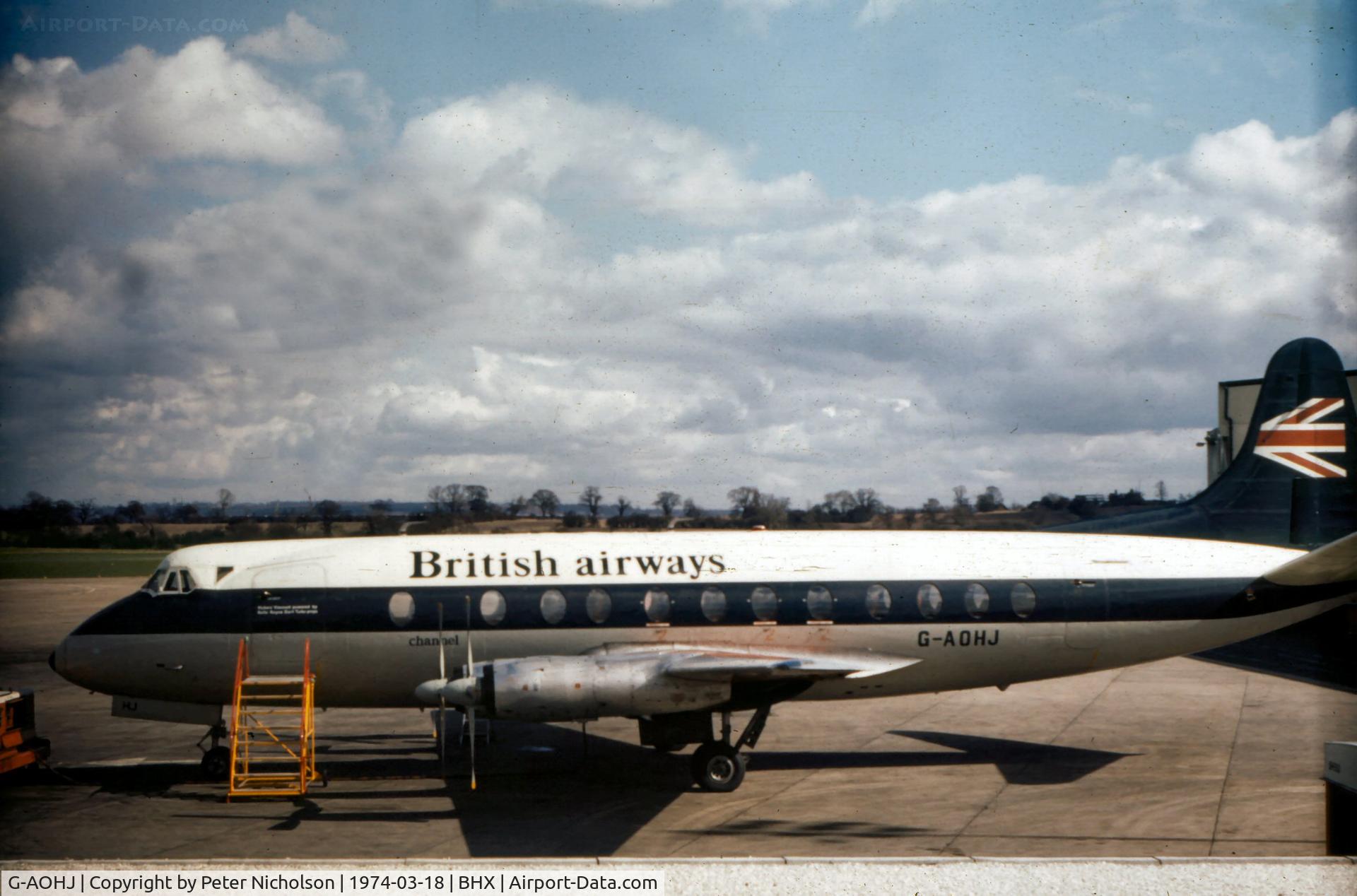 G-AOHJ, 1957 Vickers Viscount 802 C/N 159, In British Airways service at Birmingham Elmdon in the Spring of 1974.