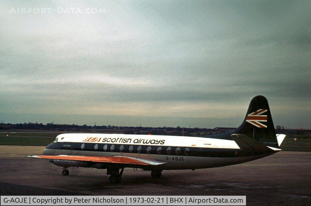 G-AOJE, 1957 Vickers Viscount 802 C/N 154, In service with the Scottish Division of British European Airways service at Birmingham Elmdon in 1973.
