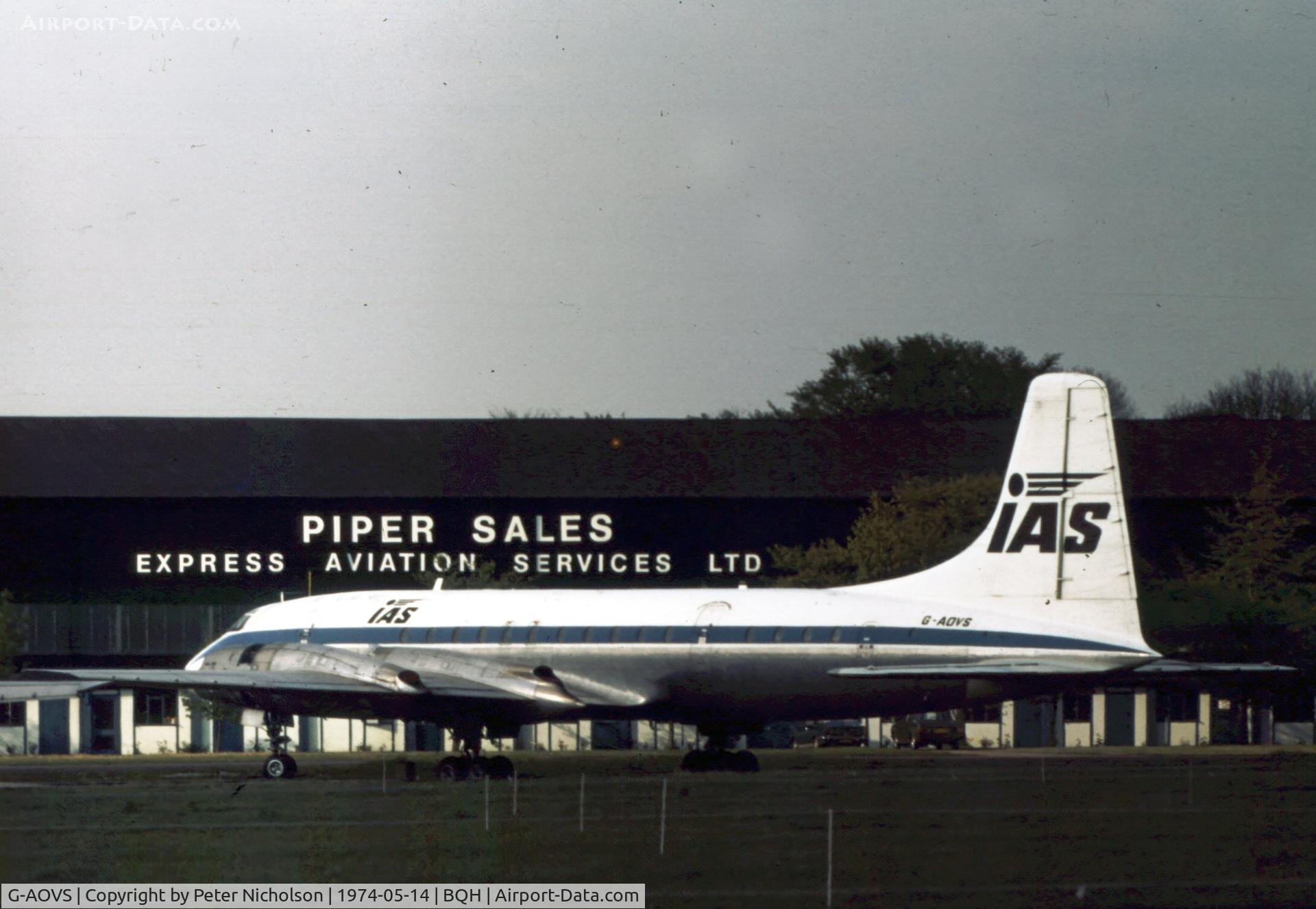 G-AOVS, 1957 Bristol 175 Britannia 312F C/N 13430, In service with IAS Cargo Airlines as seen at Biggin Hill in the Summer of 1974.