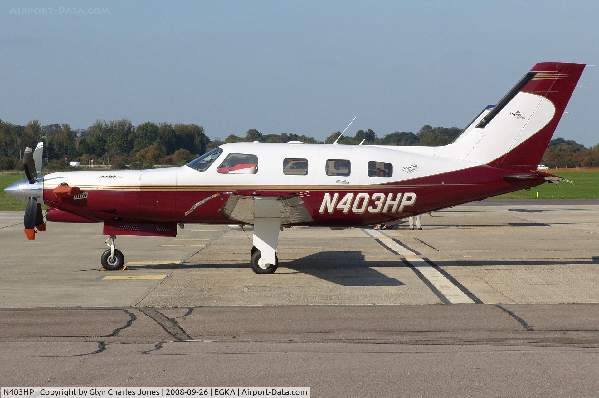 N403HP, 2000 Piper PA-46-350P Malibu Mirage C/N 4636312, On December 14, 2008 w/o Wienerwald near Baden, Austria on flight from Shoreham, UK (EGKA/ESH) to Bad Voslau, Austria (LOAV). Crashed into forest in foggy weather and pilot, only occupant, killed. Operated by Vector Sky Service Ltd. JetPROP DLX version.