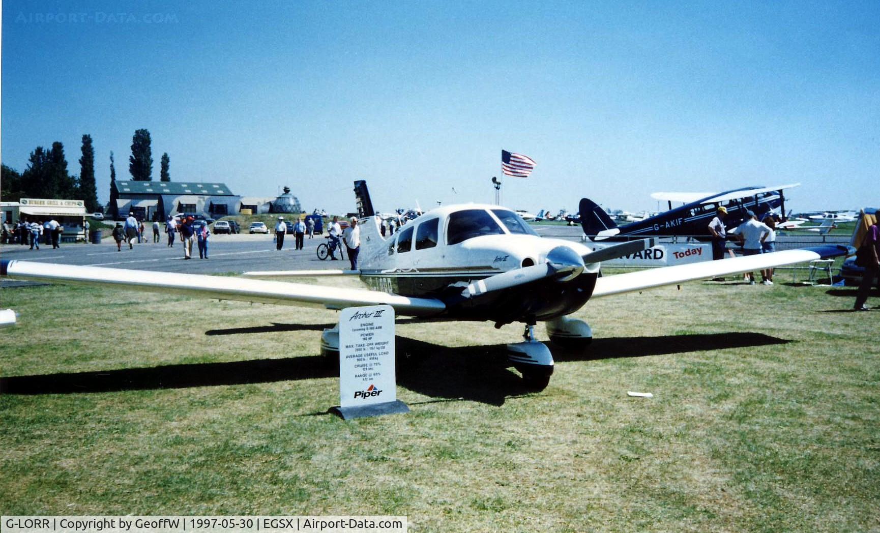 G-LORR, 1996 Piper PA-28-181 Cherokee Archer III C/N 2843037, On the Piper stand at the 1997 Aerofair at North Weald