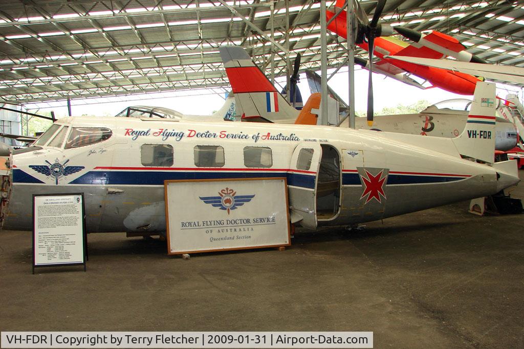 VH-FDR, 1951 De Havilland Australia DHA-3 Drover Mk1 C/N DHA5006, At the Queensland Air Museum, Caloundra, Australia -this Drover that was built in 1951 operated for the Royal Flying Doctor service - Damaged in a windstorm in 1966