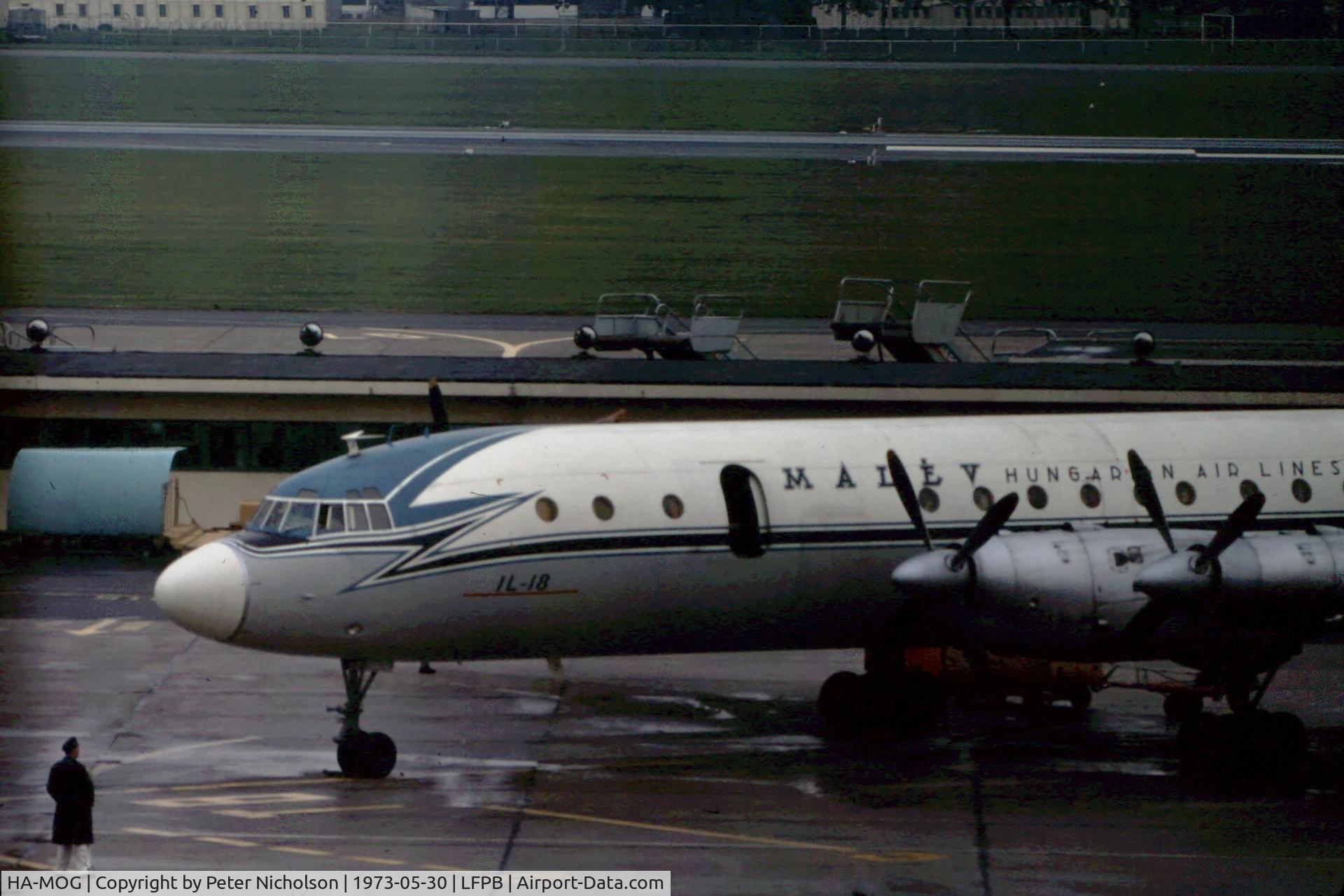 HA-MOG, 1964 Ilyushin Il-18V C/N 184007103, Il-18 of MALEV Hungarian Airlines departing Le Bourget during the 1973 Paris Airshow. Aircraft reported preserved at Sinsheim from 1994.