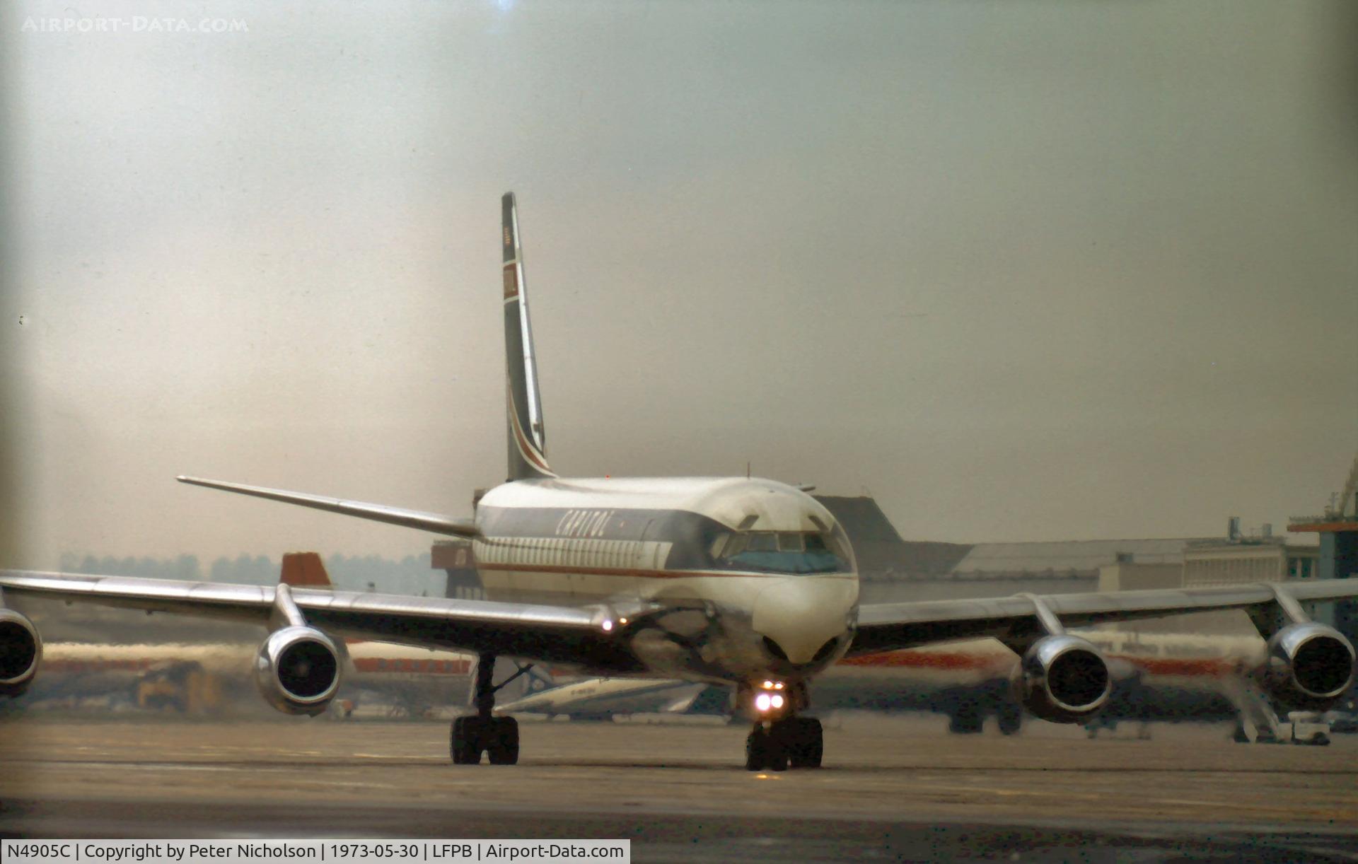 N4905C, 1965 Douglas DC-8-55JT C/N 45805, This Jet Trader was in service with Capitol International Airlines when seen arriving at Le Bourget during the Paris Airshow 1973.  The aircraft was later written off at Harare, Zimbabwe in January 1996.