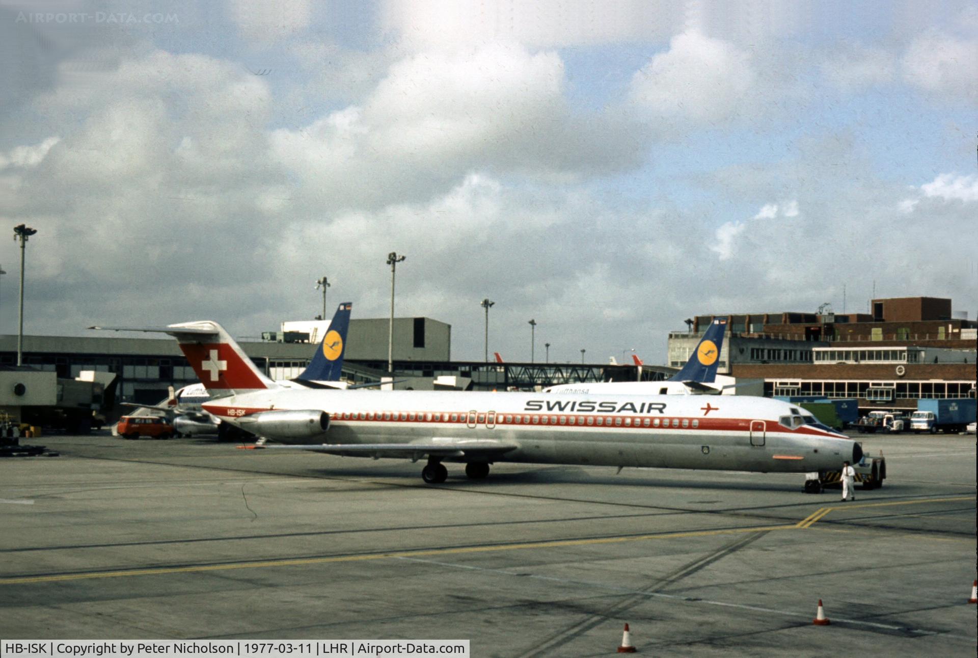 HB-ISK, 1974 Douglas DC-9-51 C/N 47654, The prototype -51 saw service with Swissair as seen at London Heathrow in the Spring of 1977.
