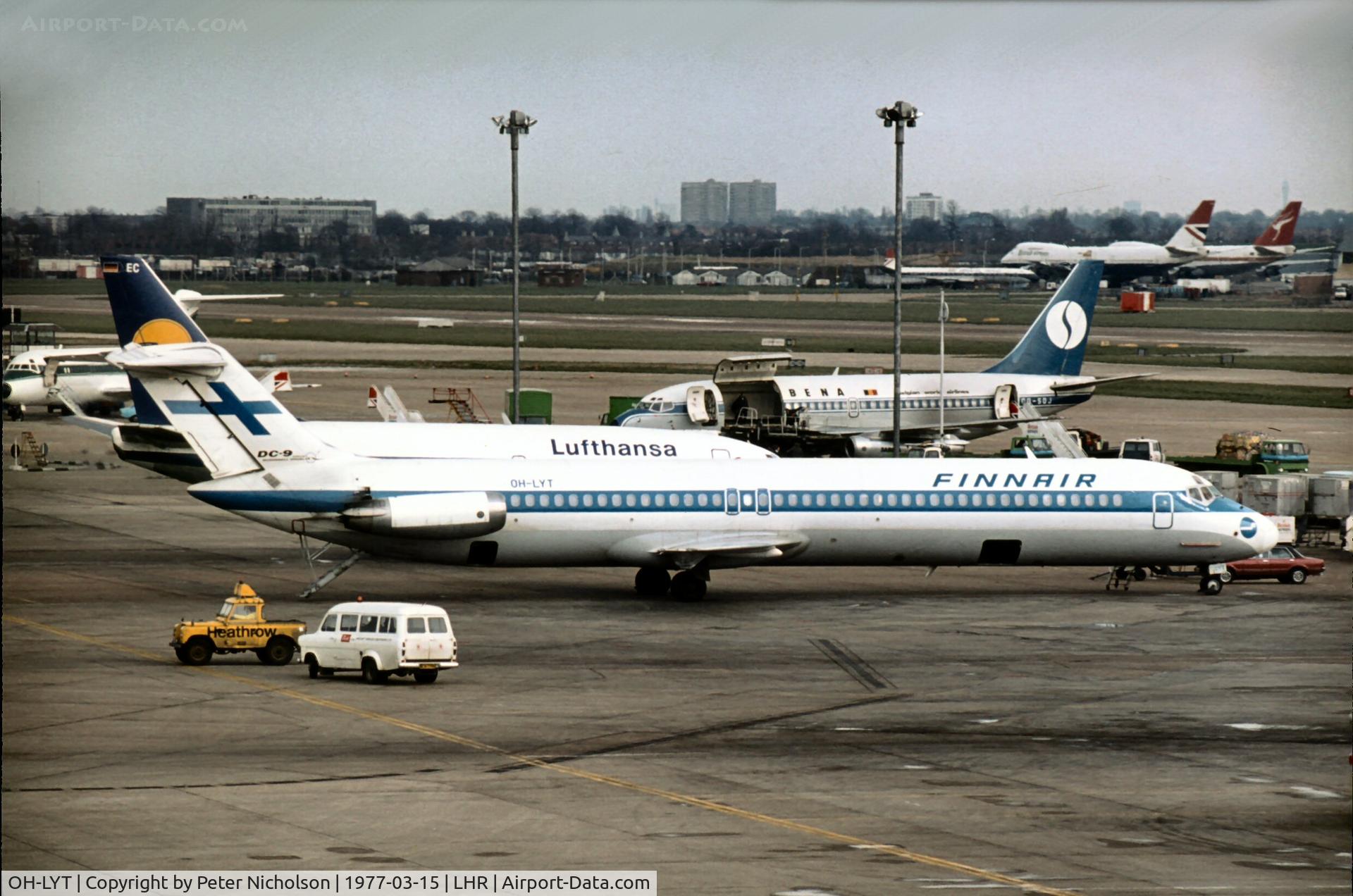 OH-LYT, 1976 Douglas DC-9-51 C/N 47738, In service with Finnair as seen at London Heathrow in the Spring of 1977.
