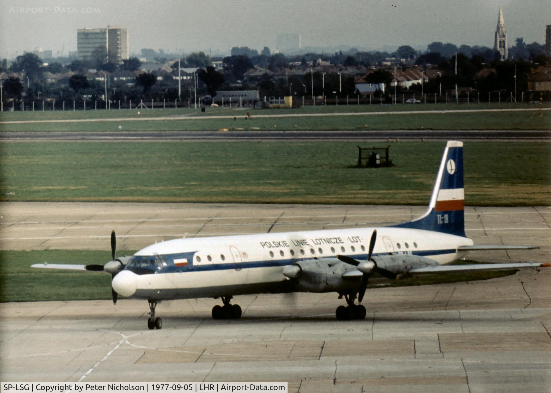SP-LSG, 1965 Ilyushin Il-18E C/N 185008603, In service with LOT Polish Airlines, with fleet name Monte Casino, as seen at London Heathrow in the Summer of 1977.