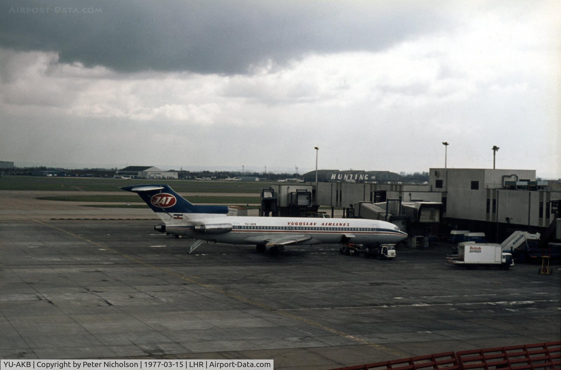 YU-AKB, 1974 Boeing 727-2H9 C/N 20931, In service with JAT Yugoslav Airlines as seen at London Heathrow in the Spring of 1977.