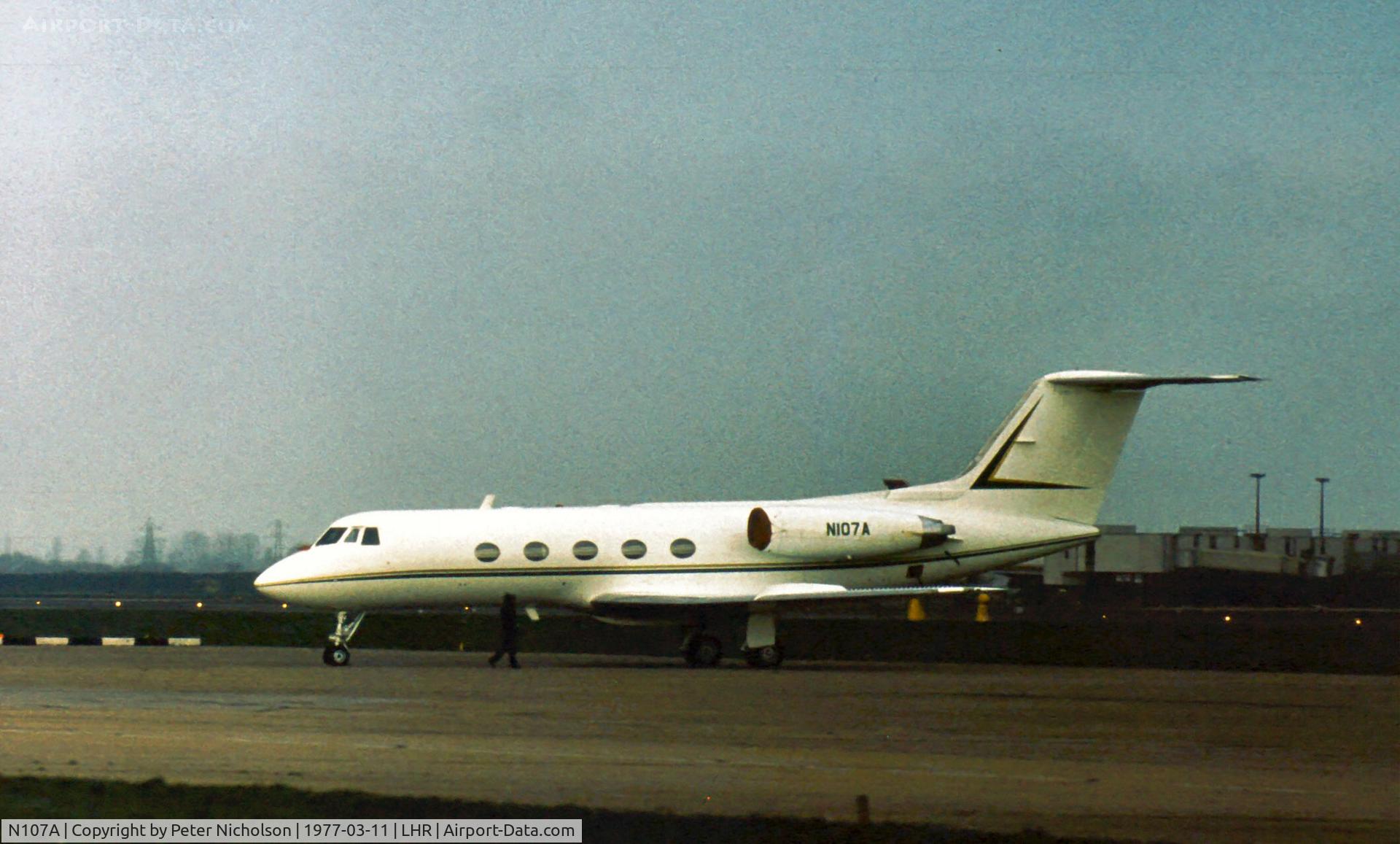 N107A, 1969 Grumman G-1159 Gulfstream II C/N 53, Gulfstream of ARAMCO, Jeddah, Saudi Arabia at London Heathrow in the Spring of 1977.