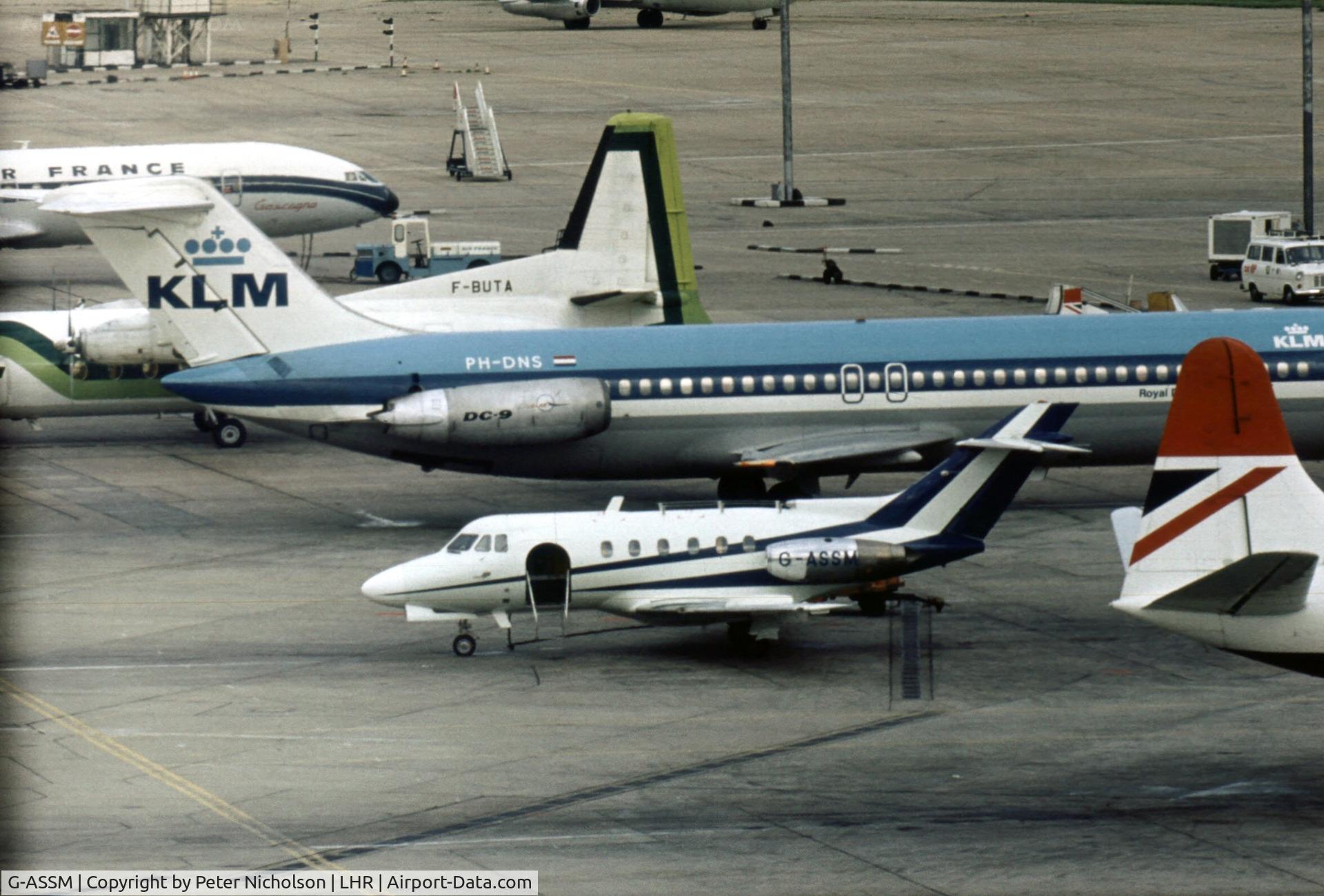 G-ASSM, 1965 Hawker Siddeley HS.125 Series 1 C/N 25010, Parked at London Heathrow in the Summer of 1977.
