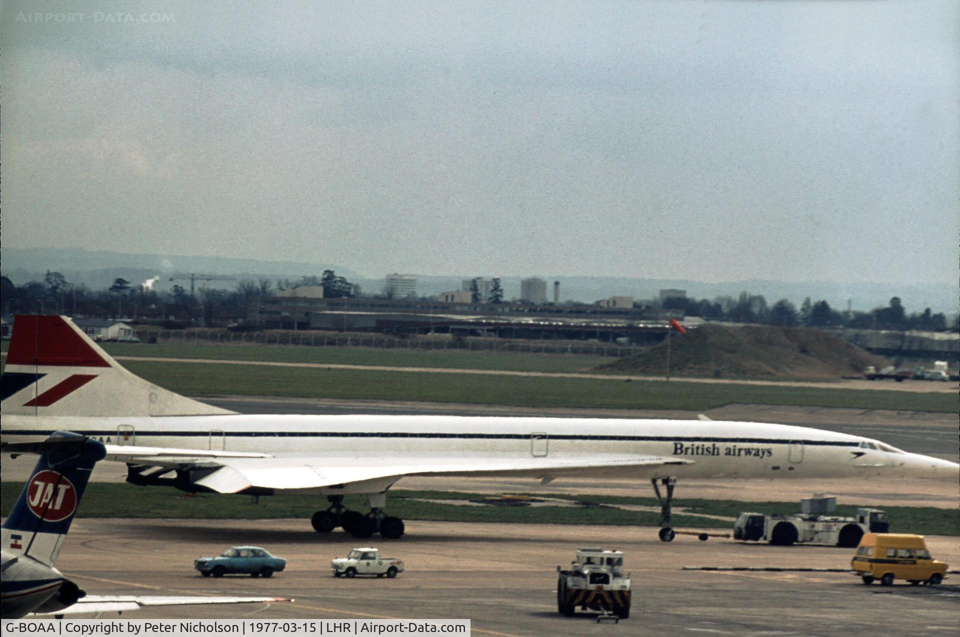 G-BOAA, 1974 Aerospatiale-BAC Concorde 1-102 C/N 100-006, As seen in British Airways service at London Heathrow in the Spring of 1977.