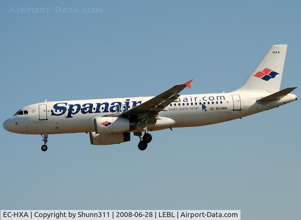 EC-HXA, 2001 Airbus A320-232 C/N 1497, Landing rwy 25R with additional 'Spanair.com - todo para volar' sitckers