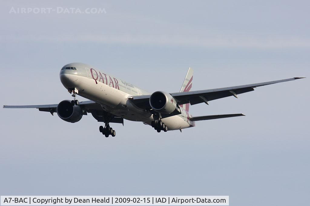 A7-BAC, 2008 Boeing 777-3DZ/ER C/N 36010/731, Qatar Airways A7-BAC (FLT QTR51) from Doha Int'l (OTBD), Qatar on short-final to RWY 1R.