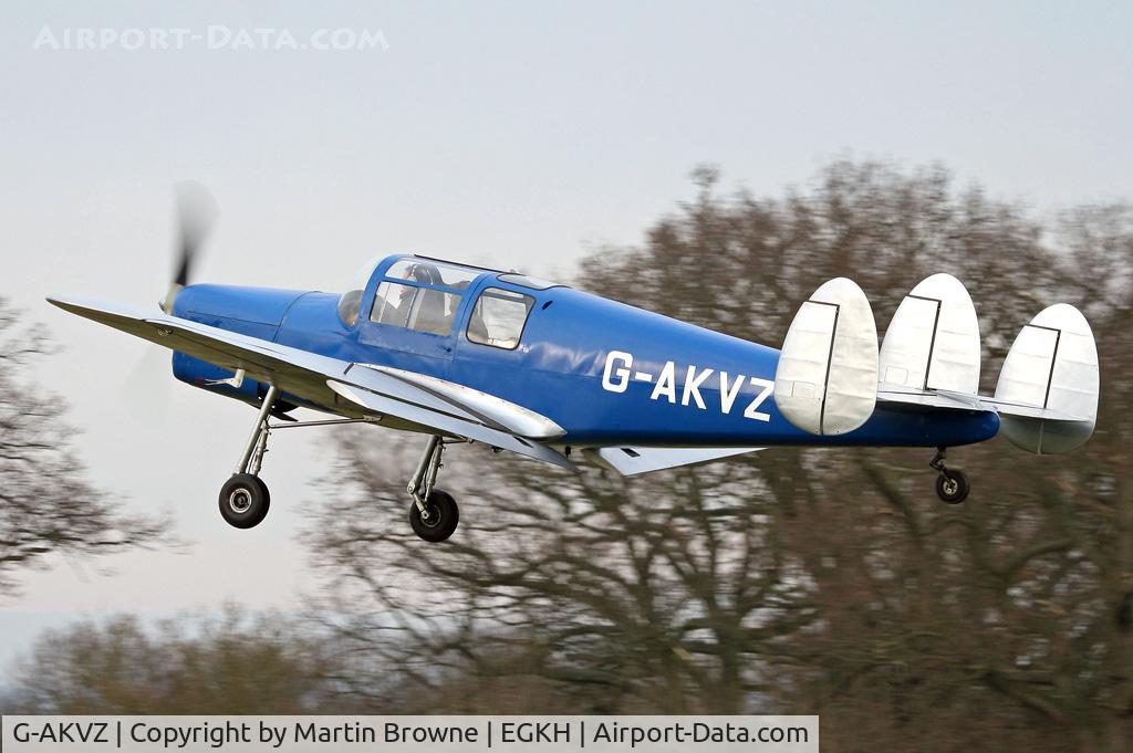 G-AKVZ, 1945 Miles M38 Messenger 4B C/N 6352, Classic visitor leaves EGKH