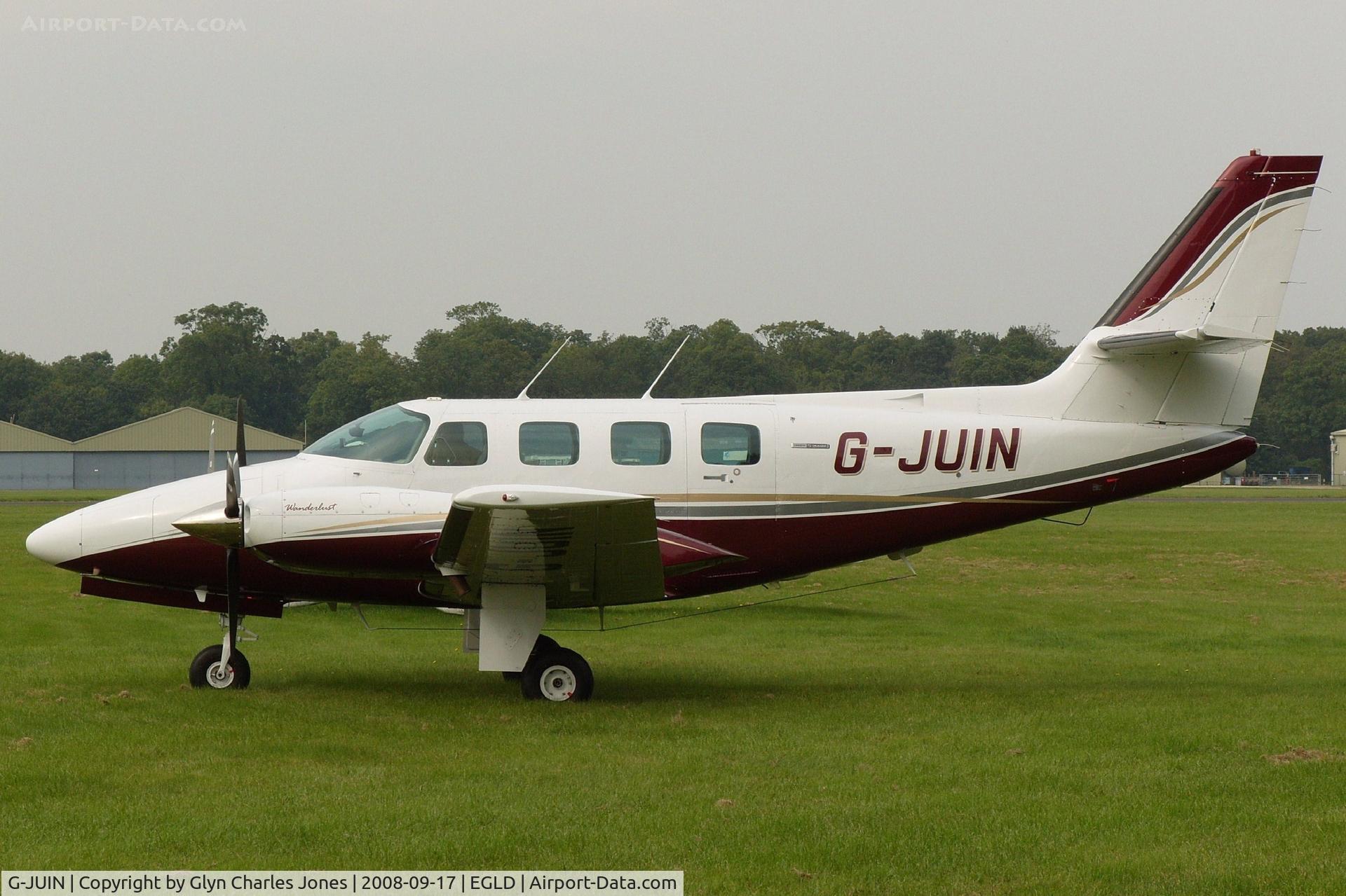 G-JUIN, 1982 Cessna T303 Crusader C/N T30300014, 'Wanderlust' had just landed. Previously OO-PEN. Owned by Michael Newman Aviation Ltd.