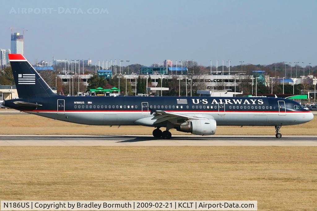 N186US, 2002 Airbus A321-211 C/N 1701, Taken from the overlook on the west side of the Charlotte Douglas International Airport.