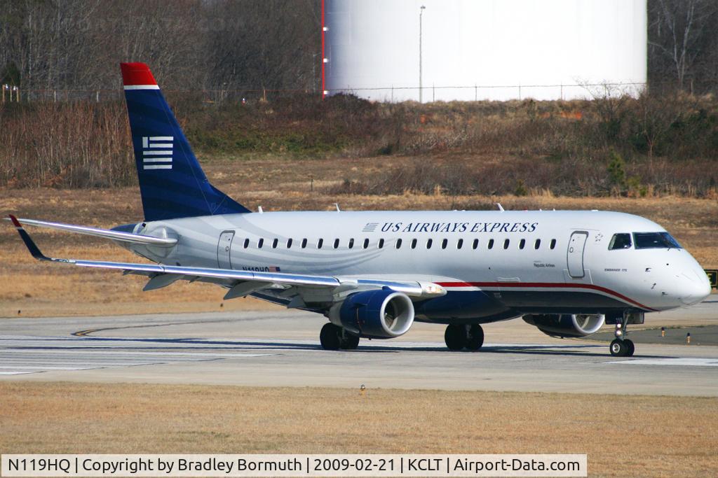 N119HQ, 2007 Embraer 175LR (ERJ-170-200LR) C/N 17000190, Taken from the overlook on the west side of the Charlotte Douglas International Airport.