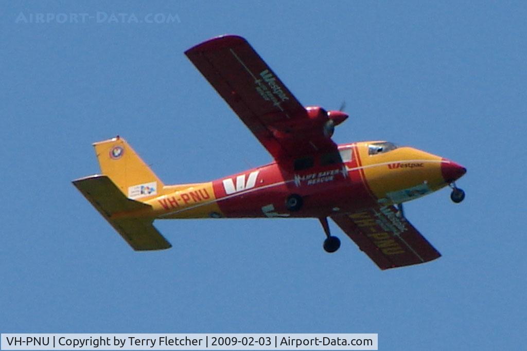 VH-PNU, 1976 Partenavia P-68B C/N 84, On Shark spotting duties overhead Sorrento on the Mornington Peninsula, south of Melbourne , Australia