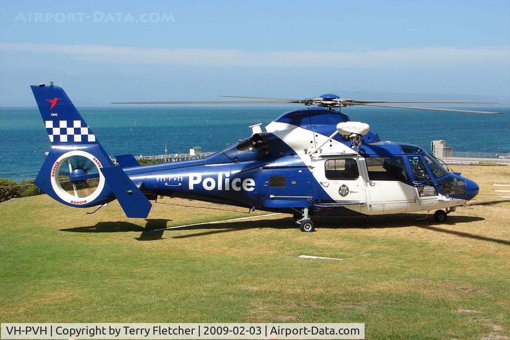 VH-PVH, 2001 Eurocopter AS-365N-3 Dauphin 2 C/N 6604, Essendon based Police Eurocopter on training exercise - using Southern Peninsula rescue Helipad at Sorrento as its base for the day