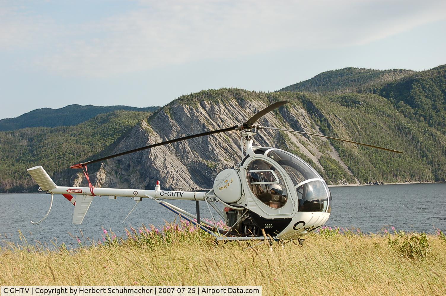 C-GHTV, Hughes 269C C/N 950439, GHTV visiting  Neddies Harbour Inn, Noris Point, Newfoundland, Canada