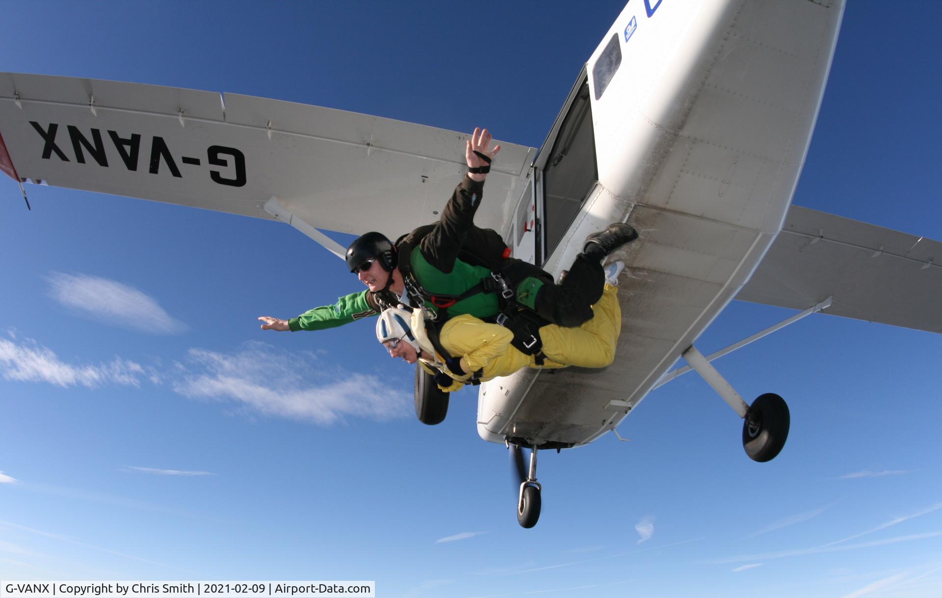 G-VANX, 2008 Gippsland GA-8 Airvan C/N GA8-07-115, TANDEM SKYDIVE EXIT OVER TILSTOCK