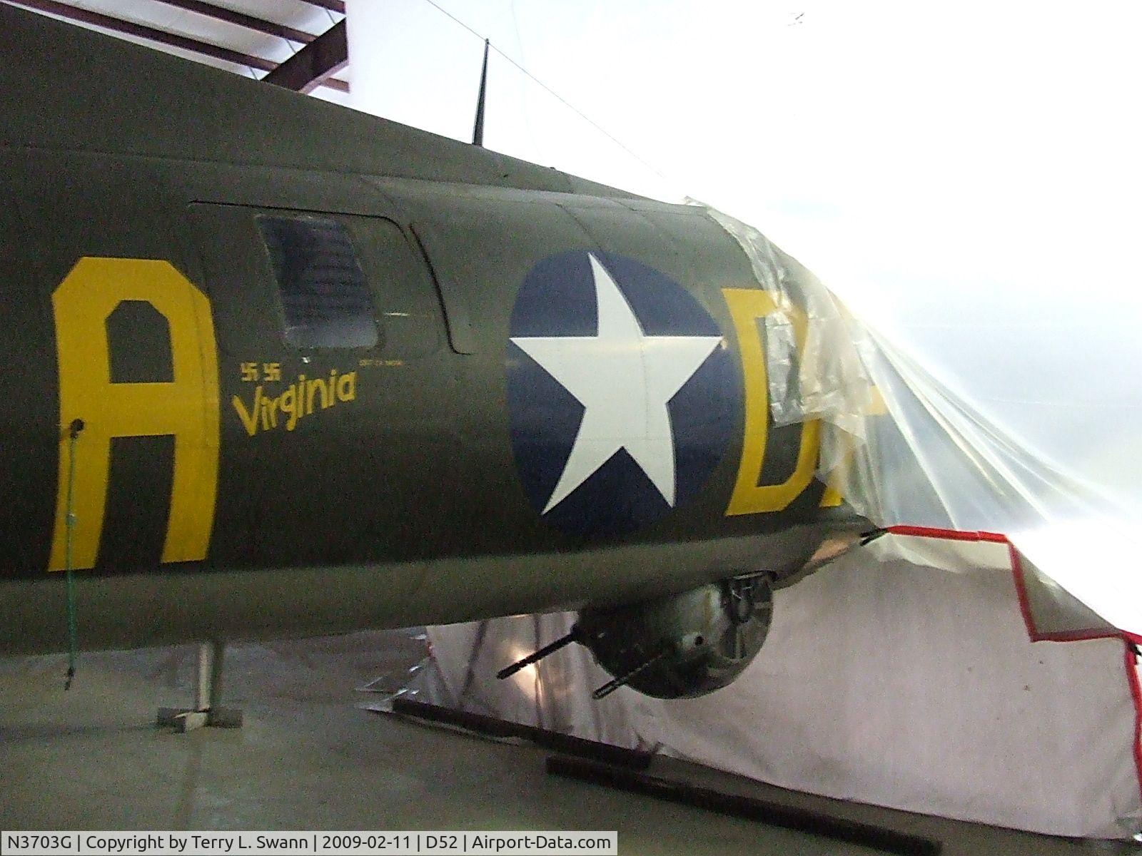 N3703G, 1945 Boeing B-17G Flying Fortress C/N 44-83546-A, Tail sticking out from heated enclosure.