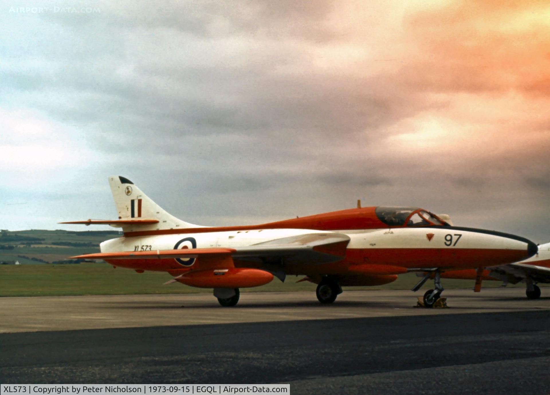 XL573, 1958 Hawker Hunter T.7 C/N HABL-003360, Hunter T.7 of 4 Flying Training School displayed at the 1973 RAF Leuchars Air Show.