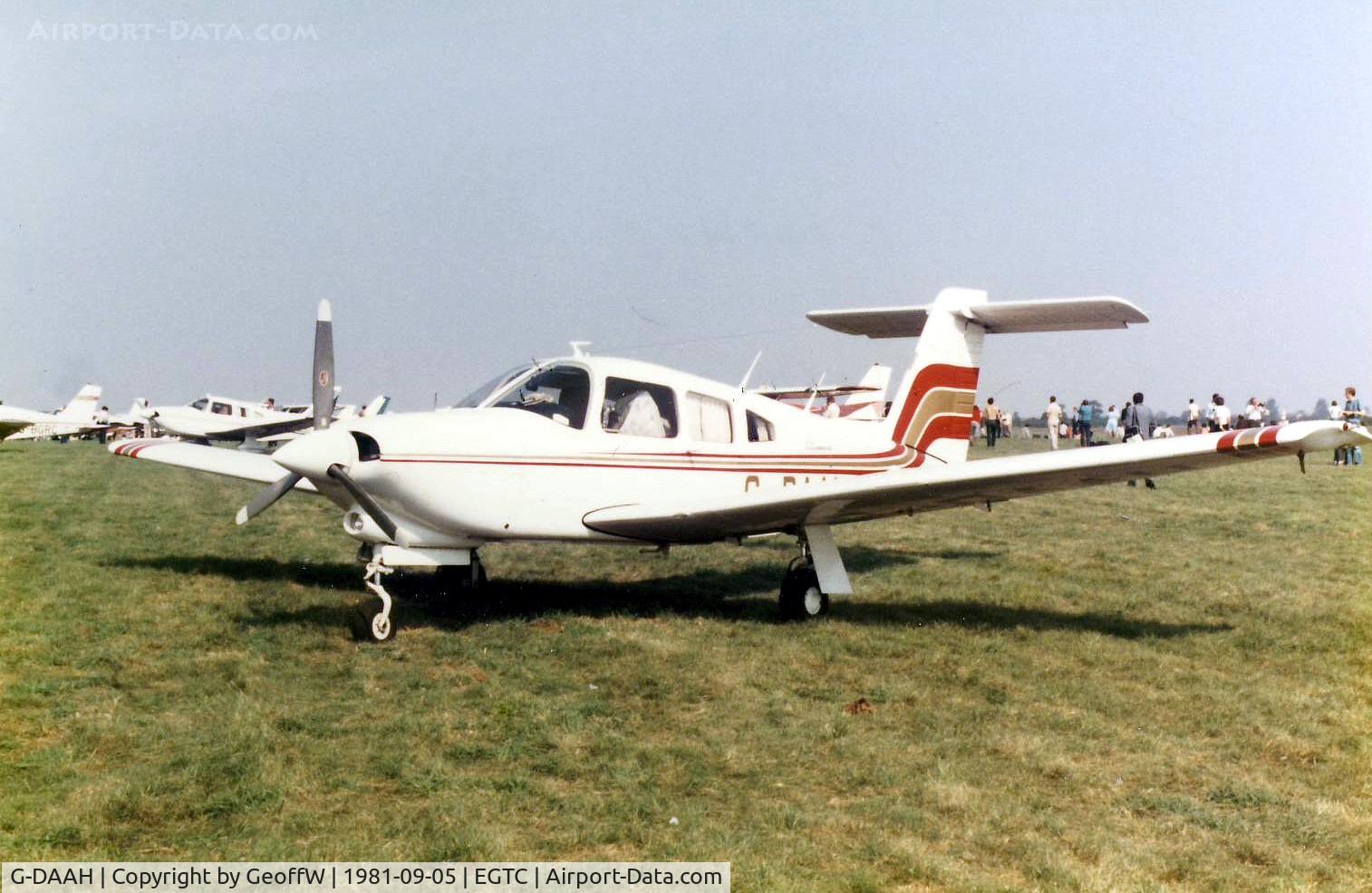 G-DAAH, 1979 Piper PA-28RT-201T Turbo Arrow IV C/N 28R-7931104, PA-28RT Arrow IV G-DAAH visiting the 1981 Cranfield Business and Light Aviation Exhibition