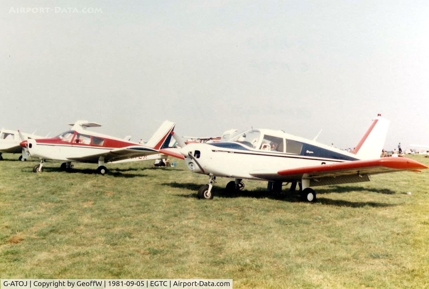 G-ATOJ, 1966 Piper PA-28-140 Cherokee C/N 28-21584, Piper PA-28 Cherokee 140 G-ATOJ alongside Cherokee 160 G-ATDA at the 1981 Cranfield Business and Light Aviation Exhibition