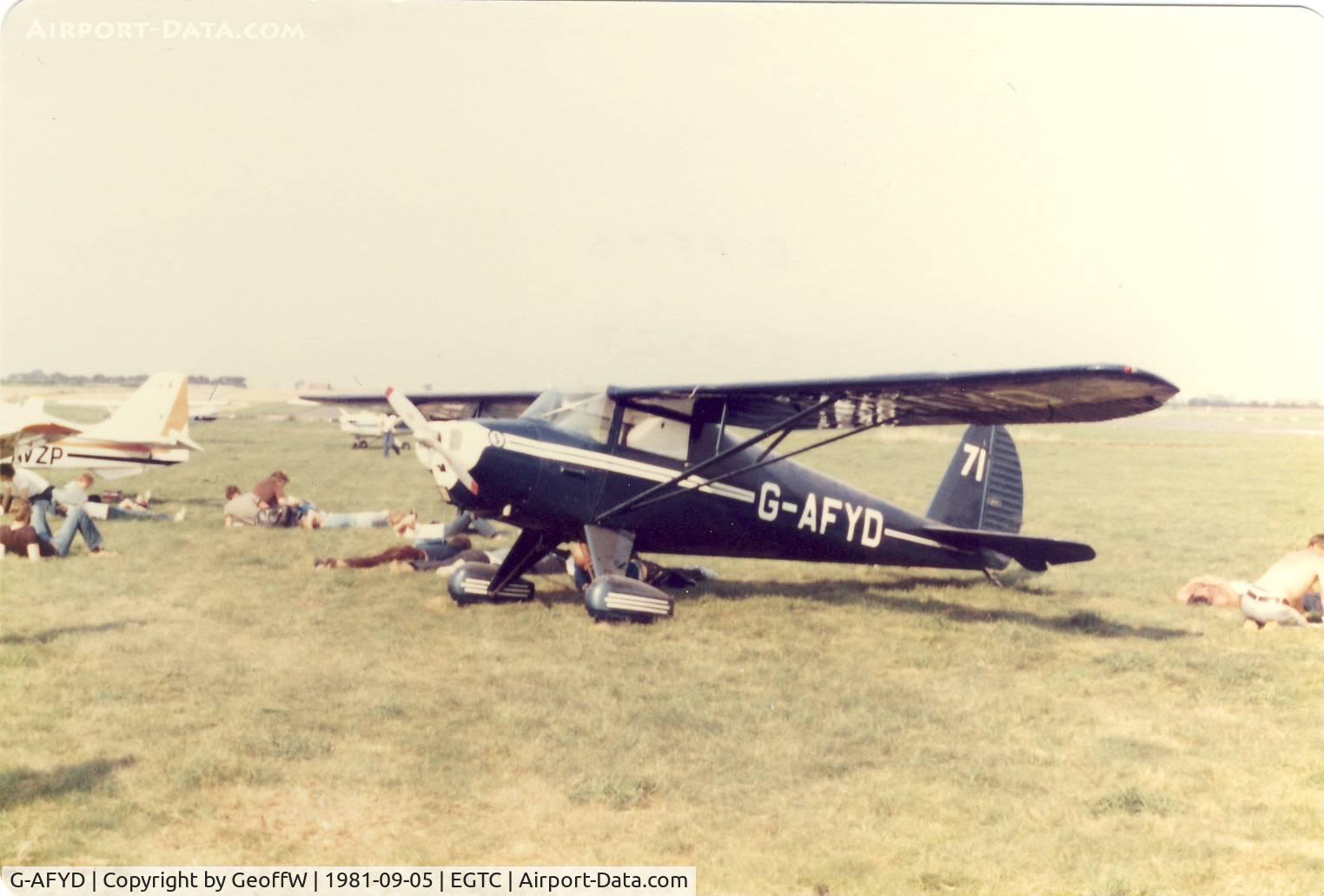 G-AFYD, 1939 Luscombe 8E Silvaire Silvaire C/N 1044, Luscombe 8F Silvaire G-AFYD visiting the 1981 Cranfield Business and Light Aviation Exhibition
