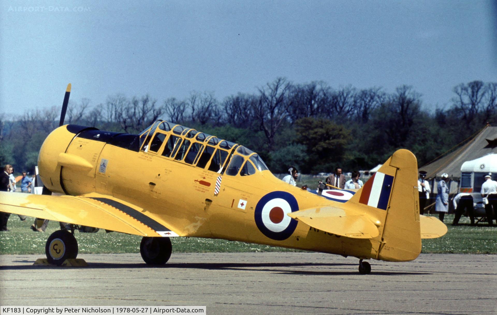KF183, 1944 Noorduyn AT-16 Harvard IIB C/N 14A-1884, Harvard of the Aeroplane & Armament Experimental Establishment (A & A E E), Boscombe Down on display at the 1978 Bassingbourn Air Show.