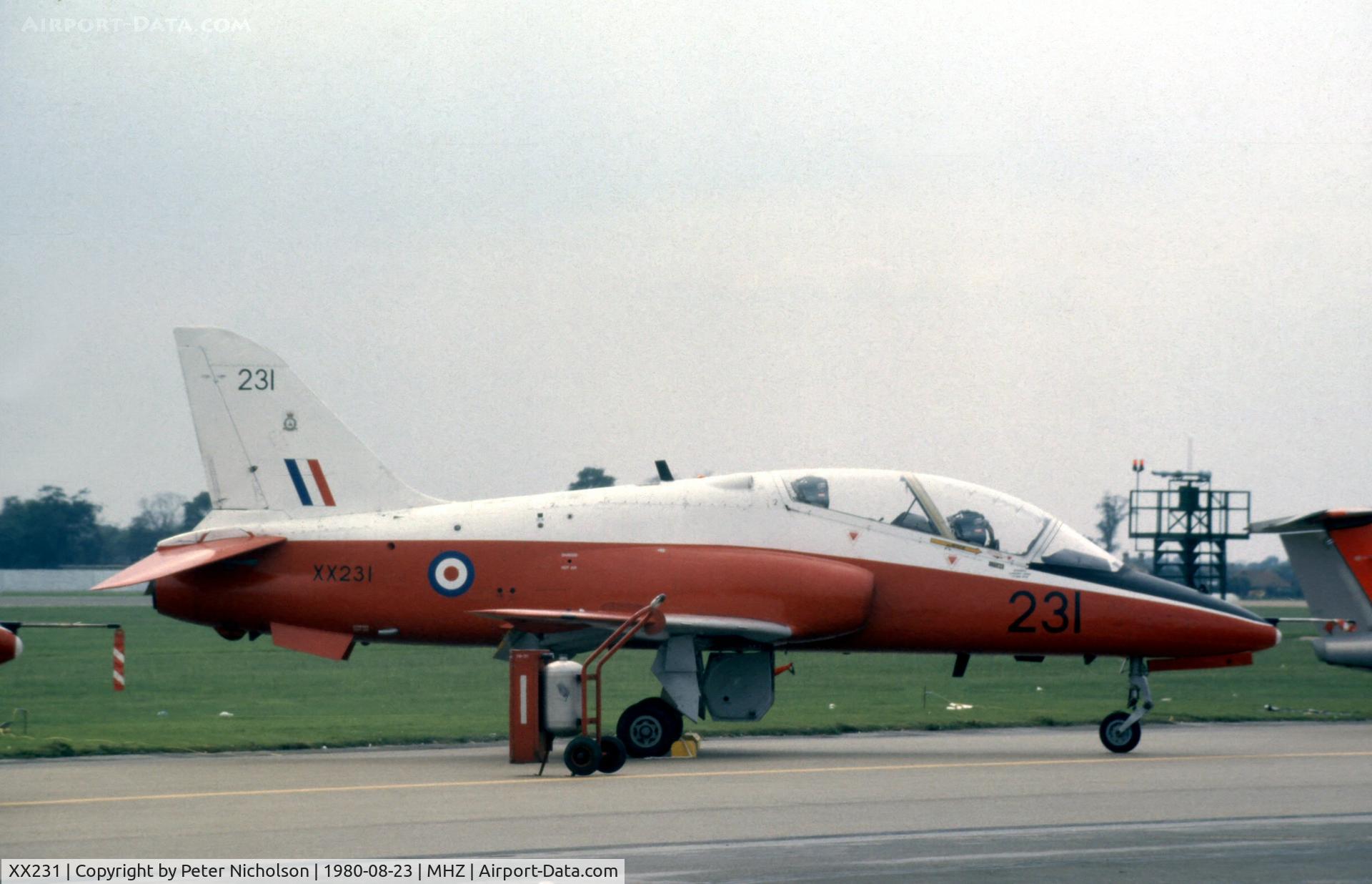 XX231, 1978 Hawker Siddeley Hawk T.1W C/N 067/312067, Before conversion to Hawk T.1W, as a Hawk T.1 of 4 Flying Training School this was displayed at the 1980 Mildenhall Air Show.