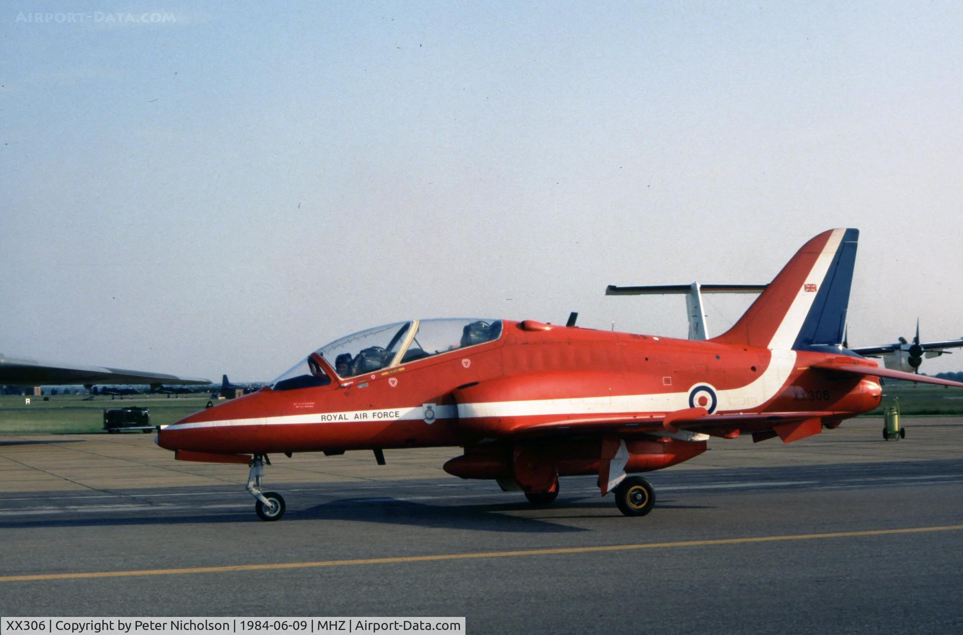 XX306, 1980 Hawker Siddeley Hawk T.1A C/N 141/312131, Another long-standing Red Arrows aircraft, as a Hawk T.1 it was on display at the 1984 Mildenhall Air Show.