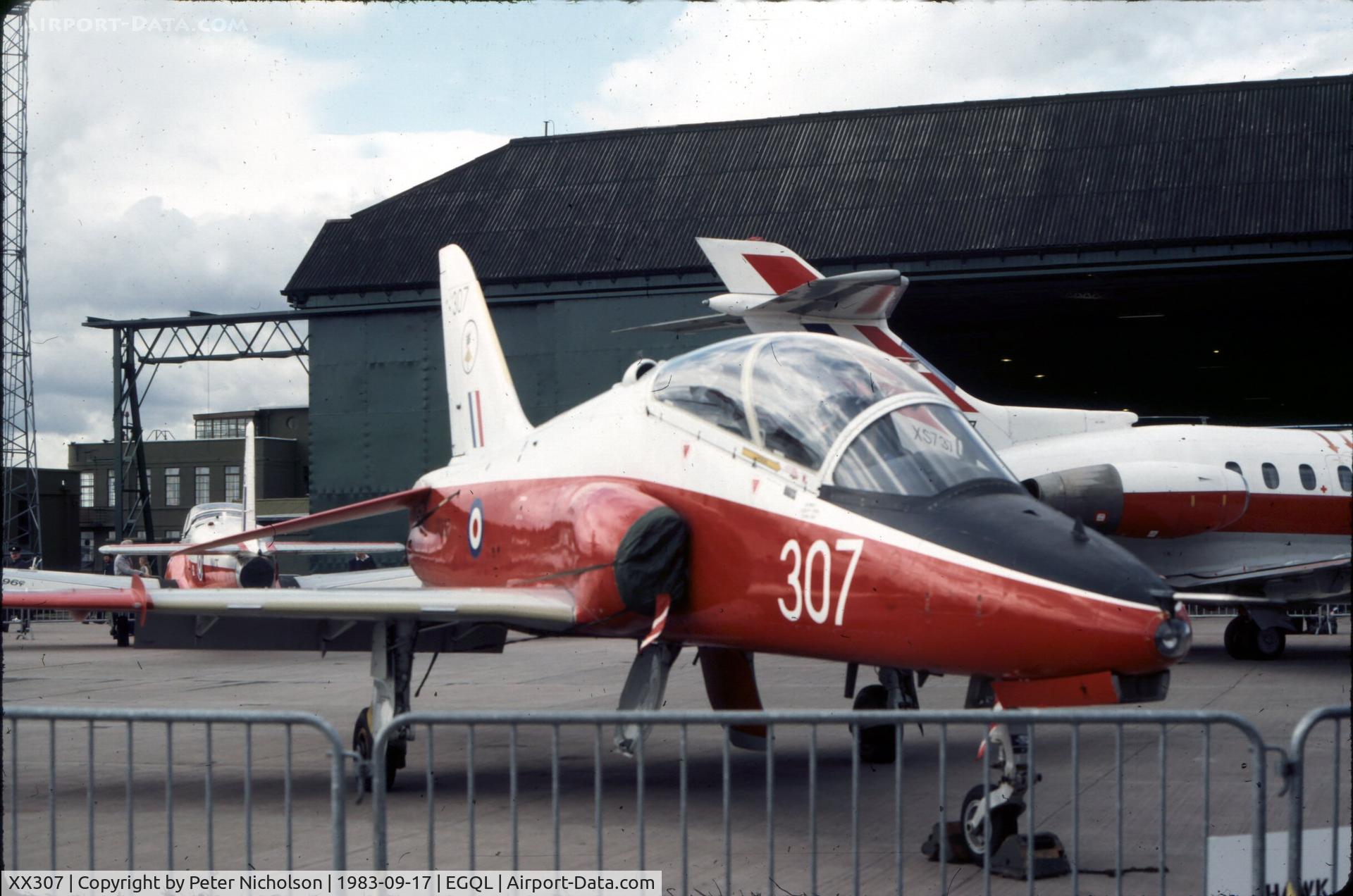 XX307, 1980 Hawker Siddeley Hawk T.1A C/N 141/312132, Prior to Red Arrows service as a Hawk T.1A, this aircraft served as a T.1 with 4 Flying Training School and was on display at the 1983 Leuchars Air Show.