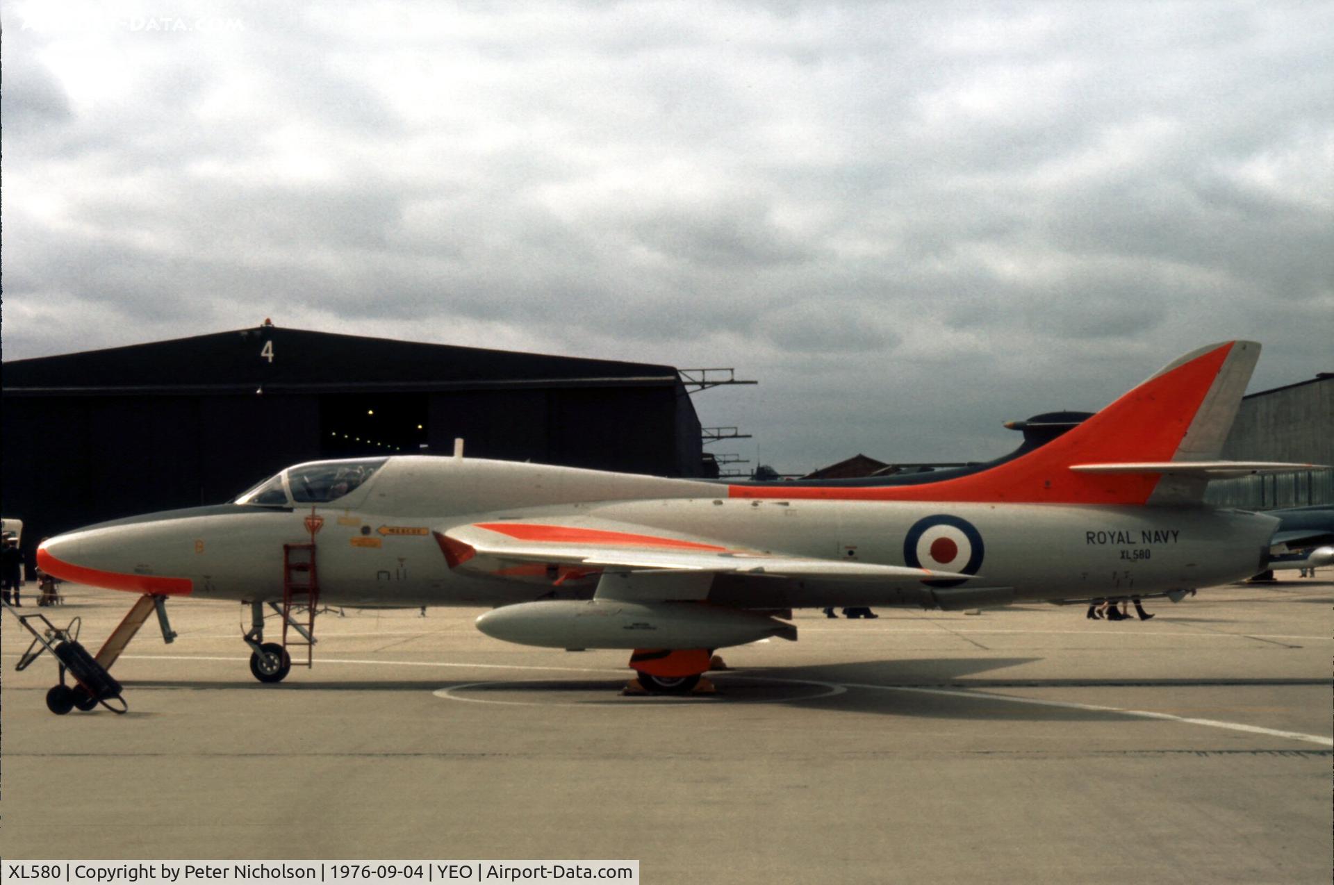 XL580, 1958 Hawker Hunter T.8 C/N 41H-693730, Hunter T.8 of the Fleet Requirements and Aircraft Direction Unit (FRADU) at the Yeovilton Air Show in 1976.