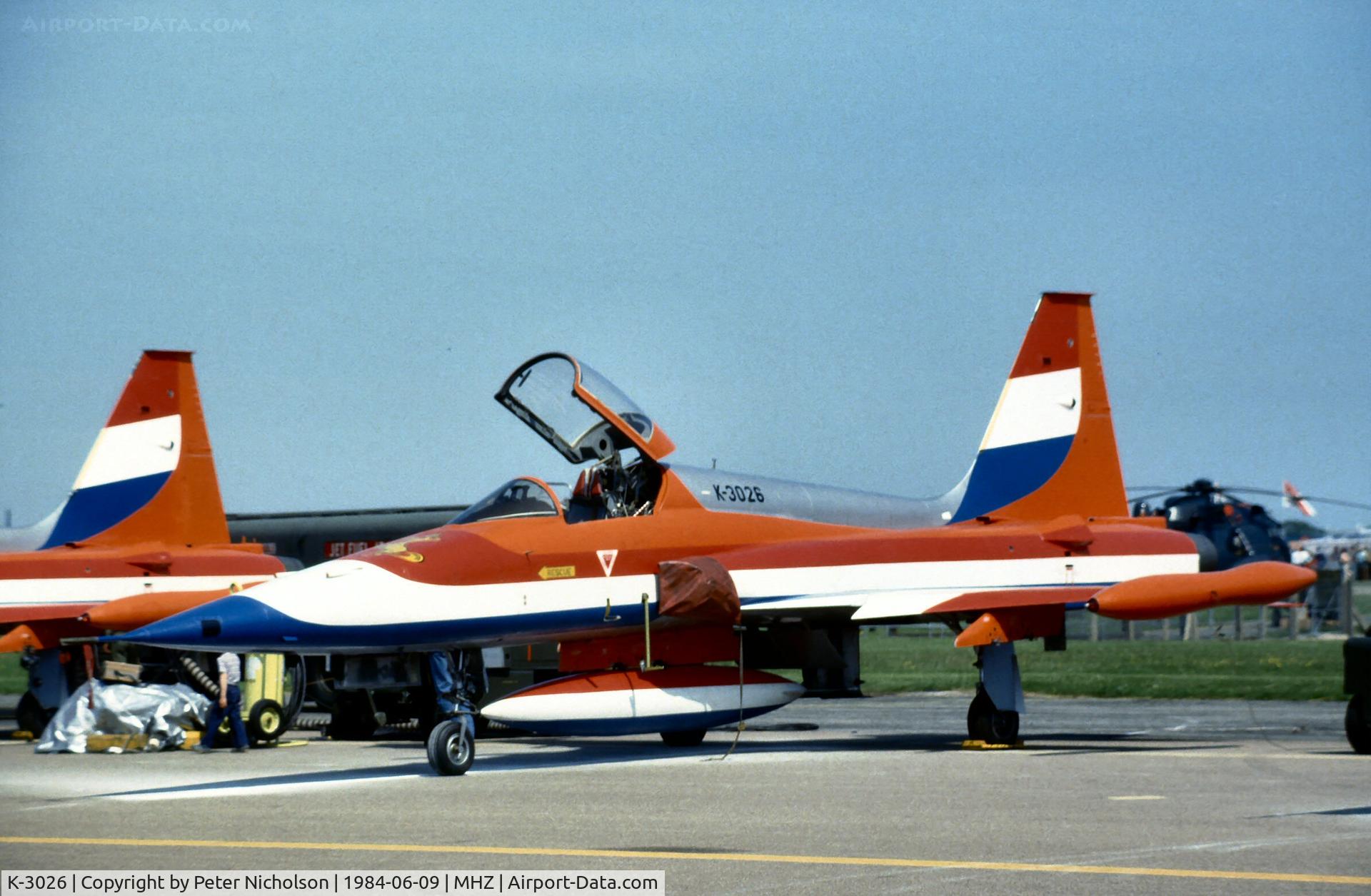 K-3026, 1970 Canadair NF-5A Freedom Fighter C/N 3026, In display team colours at the 1984 Mildenhall Air Show.