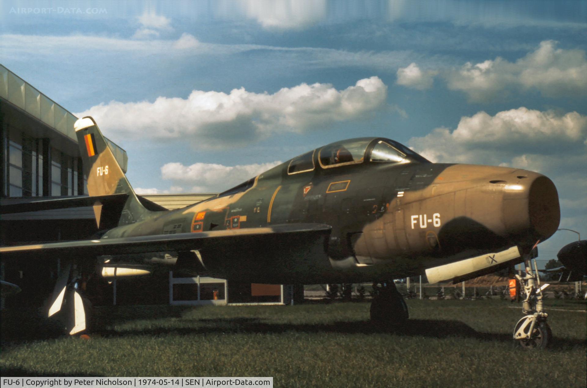 FU-6, 1952 Republic F-84F Thunderstreak C/N 52-7133, Thunderstreak ex USAF 51-7133 which Belgian Air Force flew into Southend for the Historic Aircraft Museum, now defunct,  in November 1973.