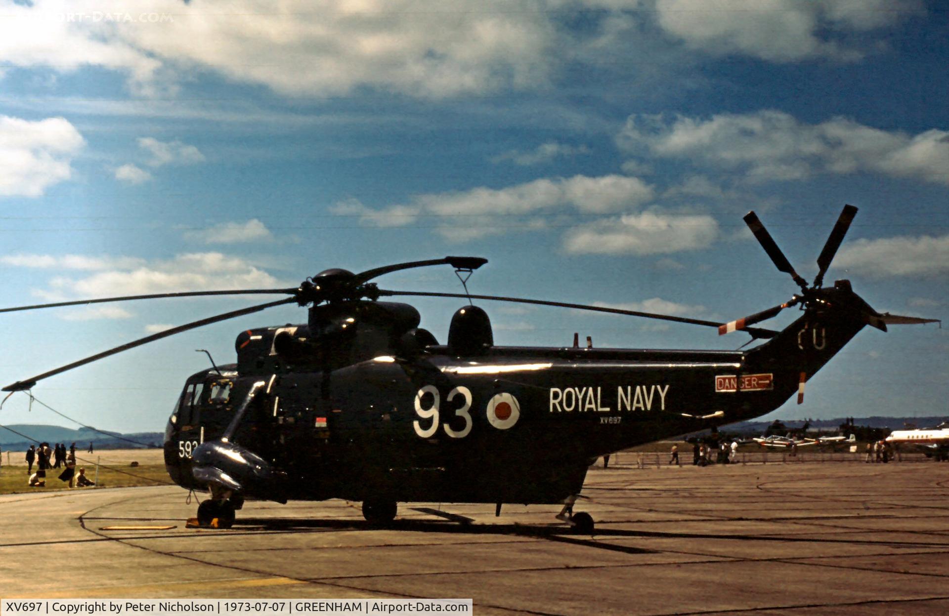 XV697, 1971 Westland Sea King HAS.1 C/N WA668, This Sea King HAS.1 with 702 Squadron was displayed at the 1973 Intnl Air Tattoo at RAF Greenham Common.