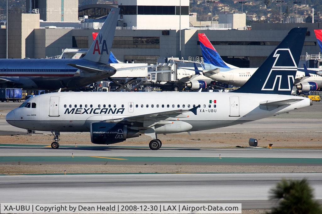 XA-UBU, 2005 Airbus A318-111 C/N 2377, Mexicana XA-UBU (FLT MXA912) from Guadalajara, Mexico Don Miguel Hidalgo Y Costilla Int'l (MMGL) on the high-speed taxiway after arrival on RWY 25L.