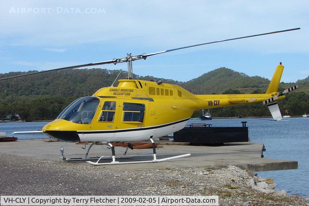 VH-CLY, 1995 Bell 206B-3 JetRanger III C/N 4364, Cradle Mountains Bell 206 rests on the Strahan Harbour Helipad