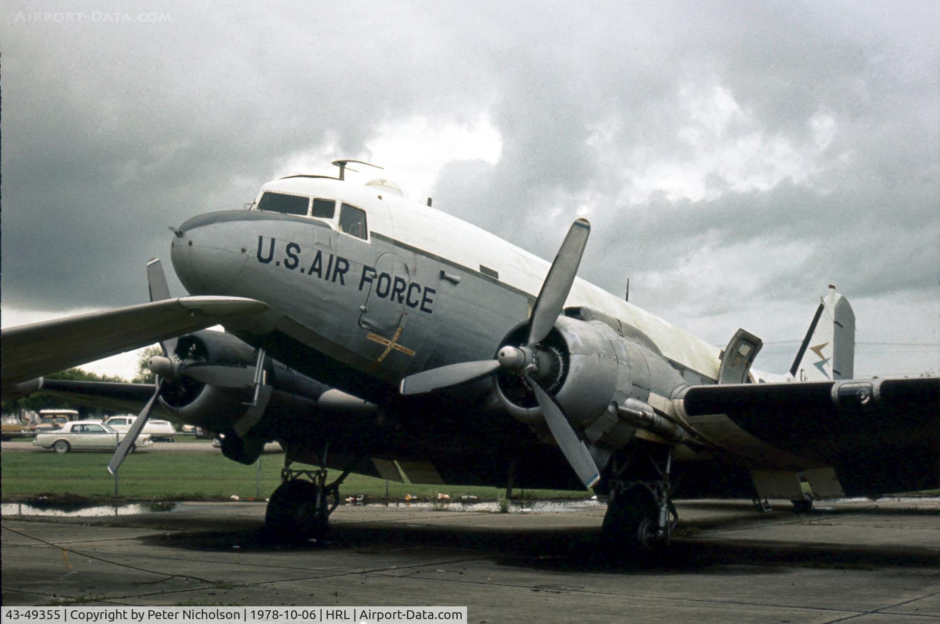 43-49355, 1943 Douglas VC-47D Skytrain C/N 26616, Displayed in the Harlingen static park at the time of the Confederate Air Force Airshow of 1978, this Skytrain, on loan from the USAF Museum, was later re-located to Charleston AFB in 1982.