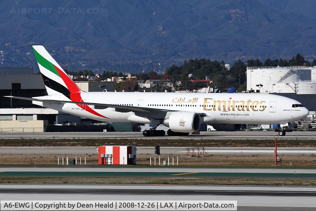 A6-EWG, 2008 Boeing 777-21H/LR C/N 35578, Emirates A6-EWG (FLT UAE215) taxiing to the Tom Bradley International Terminal after arrival from Dubai Int'l (OMDB).