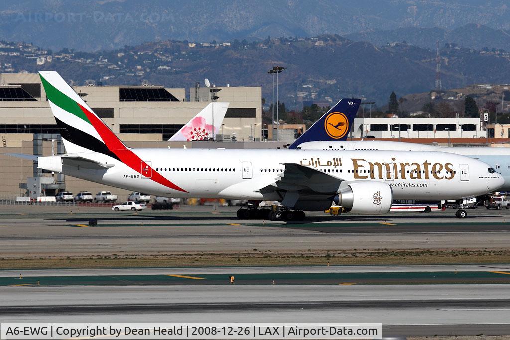 A6-EWG, 2008 Boeing 777-21H/LR C/N 35578, Emirates A6-EWG (FLT UAE215) taxiing to the Tom Bradley International Terminal after arrival from Dubai Int'l (OMDB).