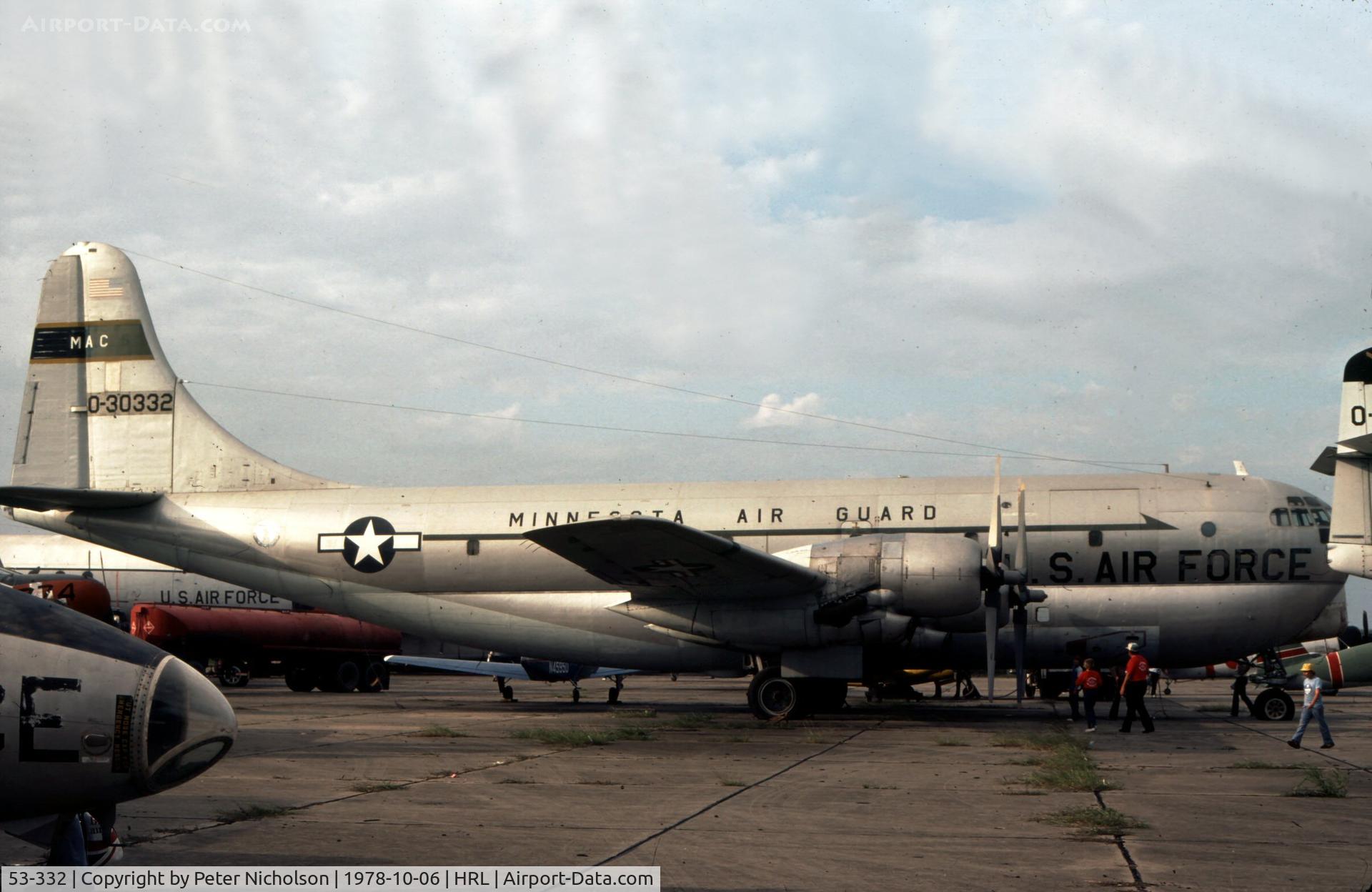 53-332, 1953 Boeing C-97G Stratofreighter C/N 17114, This Stratofreighter, conversion from KC-97G and on loan from the USAF Museum, was in the Confederate Air Force static park in 1978.