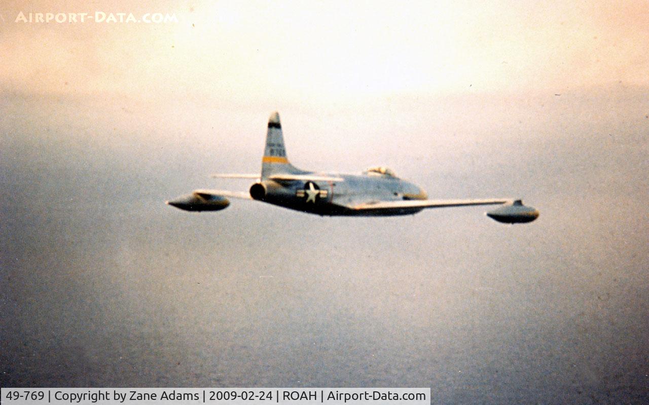 49-769, 1949 Lockheed P-80C Shooting Star C/N 080-2517, F-80 Shooting Star of the 26th FIS on patrol over Okinawa 1952 - photo by unknow pilot on request of John Van Dyke from my collection inherited from the late Mr. Van Dyke