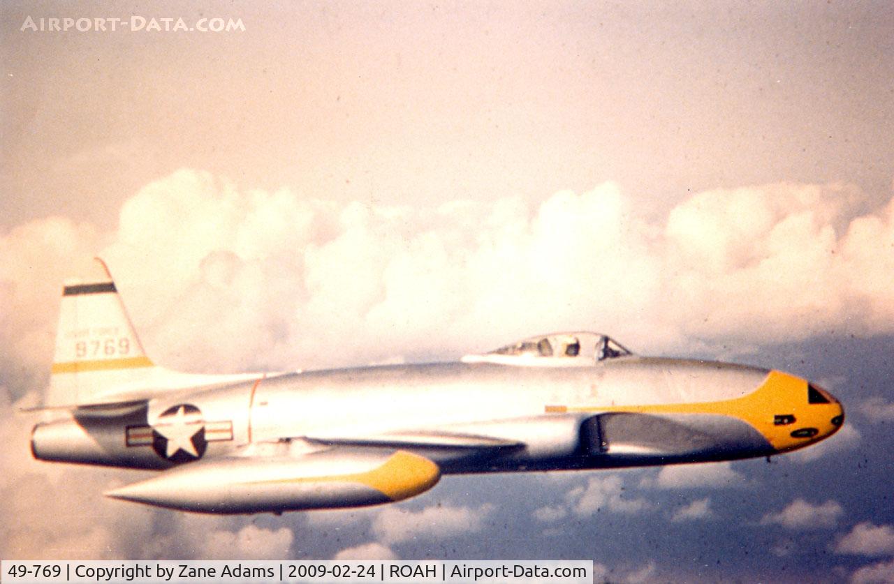 49-769, 1949 Lockheed P-80C Shooting Star C/N 080-2517, F-80 Shooting Star of the 26th FIS on patrol over Okinawa 1952 - photo by unknow pilot on request of John Van Dyke from my collection inherited from the late Mr. Van Dyke