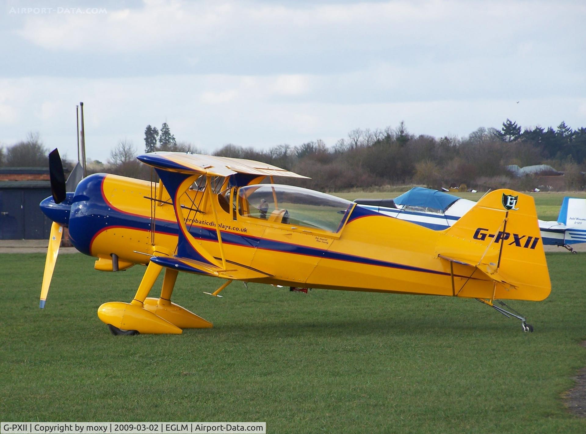 G-PXII, 2006 Pitts Model 12 C/N 170, Pitts S-12 Ex N6212. Unfortunately crashed and destroyed 14th May 2009 at White Waltham during an aerobatic training sortie.