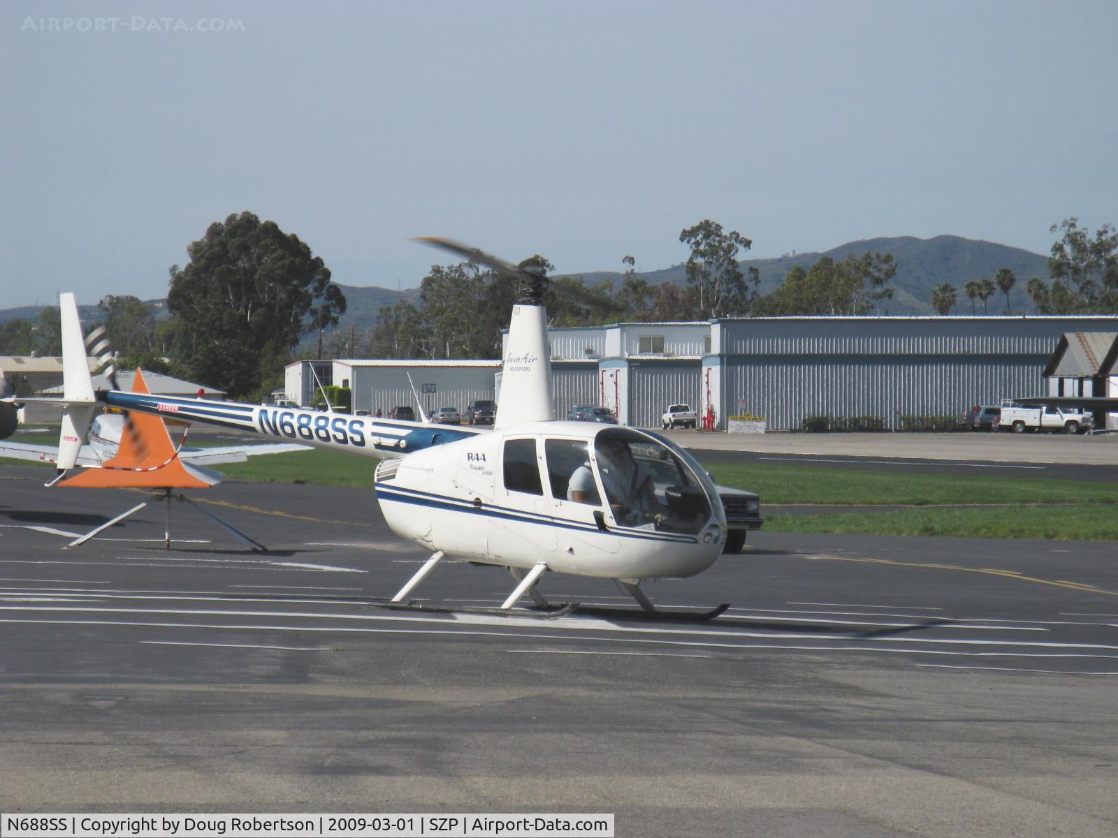 N688SS, 2000 Robinson R44 Raven C/N 0861, 2000 Robinson R44 RAVEN, Lycoming O-540 260 Hp derated to 225 Hp at takeoff, 205 Hp continuous, landed SZP Helipad